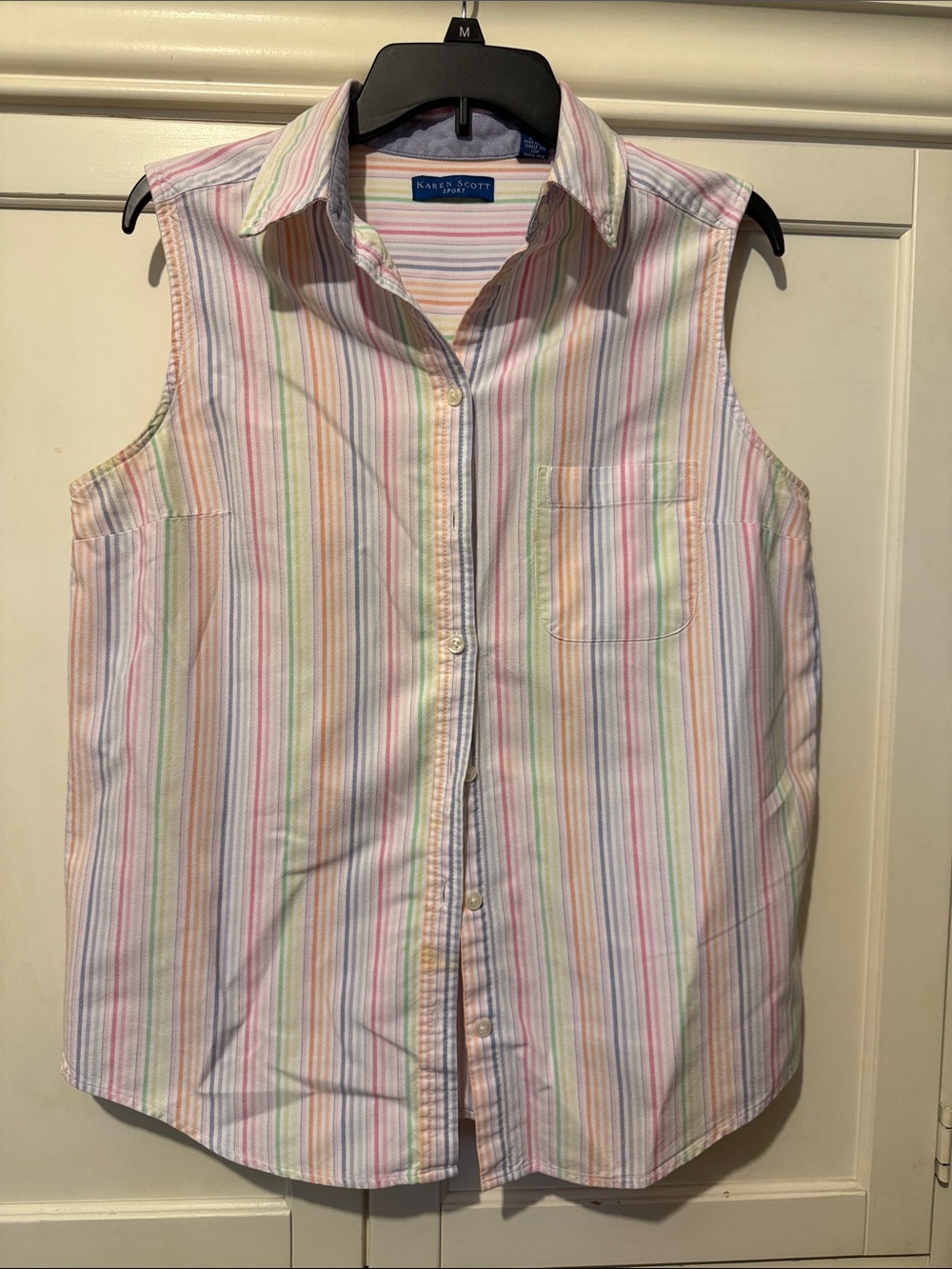 Karen Scott Sleeveless Collared Oxford Shirt in Pastel Stripe Mix